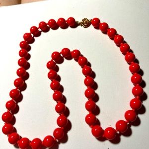 Dark coral beaded necklace pretty clasp #475